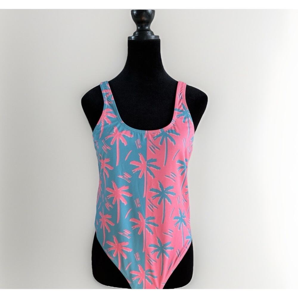 Chubbies One Piece Swimsuit - L Neon Pink Teal Palm Tree, High Cut Leg 90s Retro